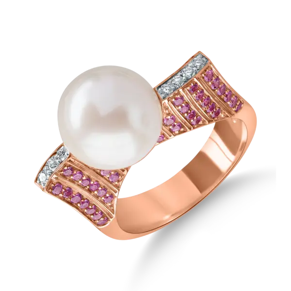 Inel din aur roz cu perla de cultura si pietre pretioase de 0.7ct