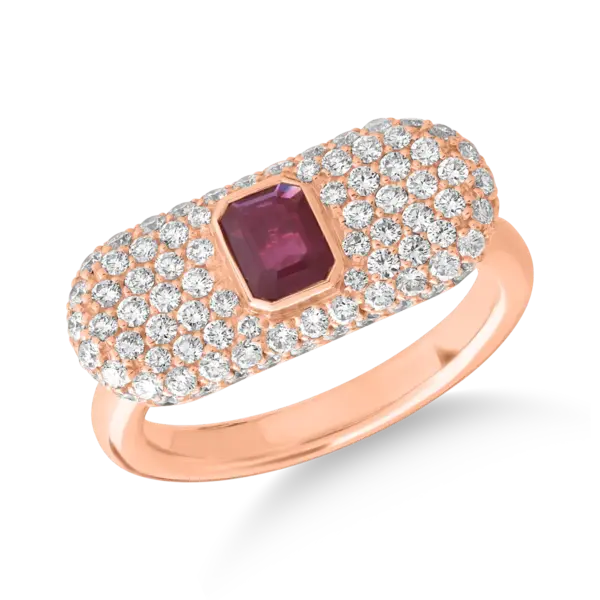 Inel din aur roz cu rubin rectangular de 0.4ct si diamante de 0.9ct