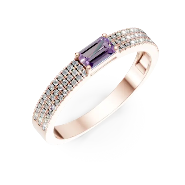 Inel din aur roz cu safir roz baguette de 0.3ct si diamante microsetting de 0.2ct