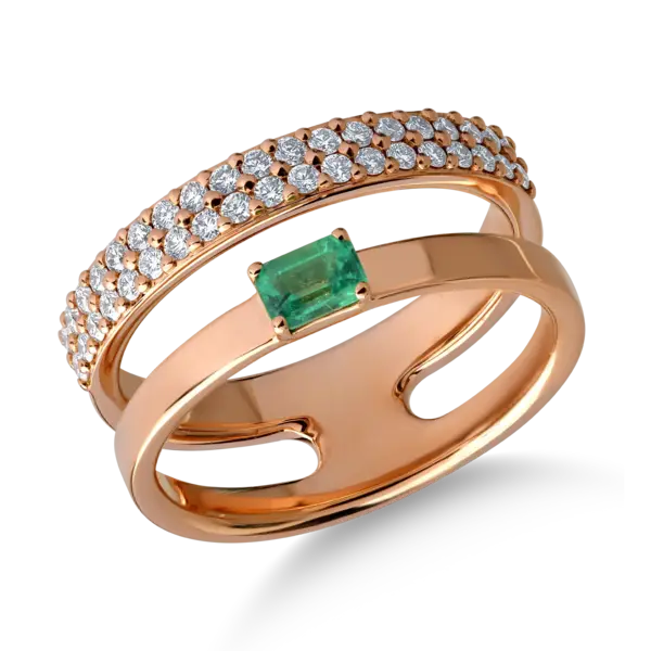 Inel din aur roz cu smarald baguette de 0.2ct si diamante de 0.3ct