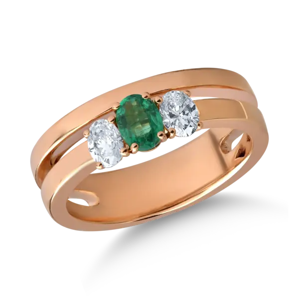 Inel din aur roz cu smarald oval de 0.2ct si diamante de 0.3ct