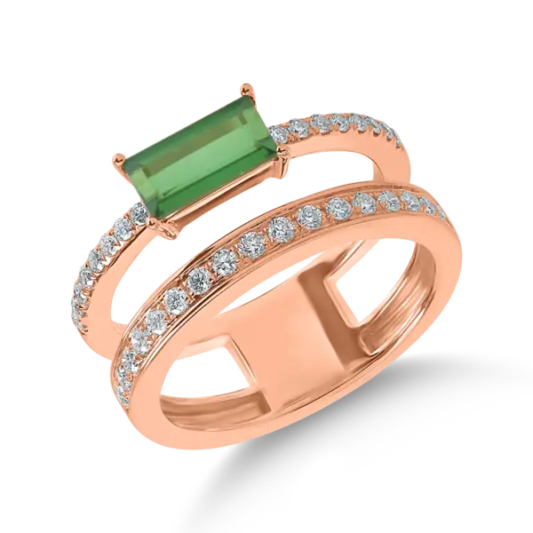 Inel din aur roz cu turmalina verde rectangulara de 0.9ct si diamante de 0.3ct