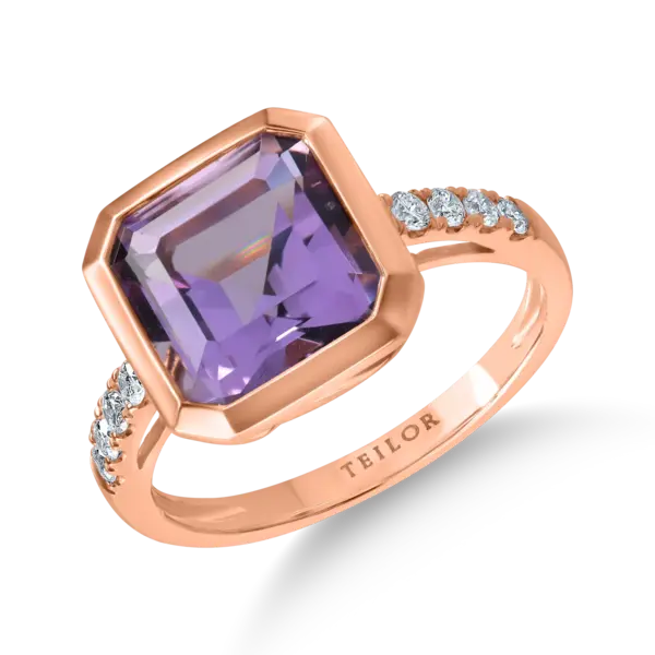 Inel din aur roz cu un ametist taietura square de 3.7ct si diamante de 0.19ct