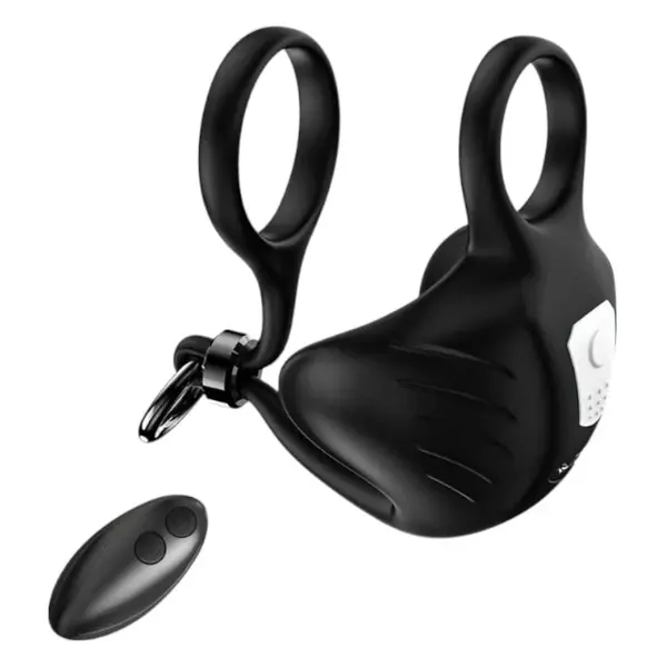 Inel dublu pentru penis ARMONY Manta Scrotum Vibrator, cu vibrator pentru testicule și telecomandă, 9 funcții de vibrație, negru