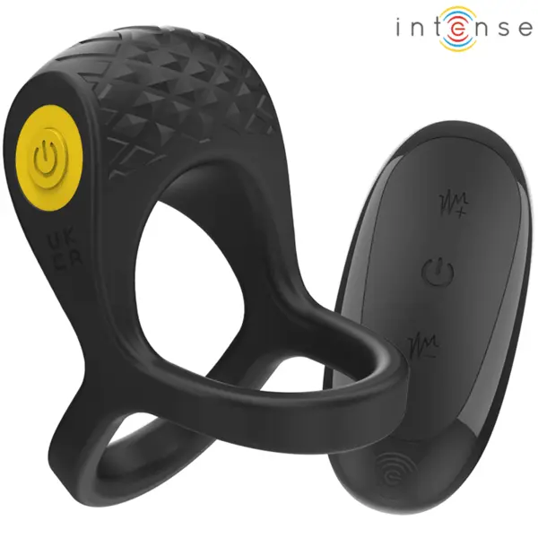 Inel dublu pentru penis cu vibrații INTENSE – Alex, 10 moduri, telecomandă, încărcare USB, silicon medical, negru