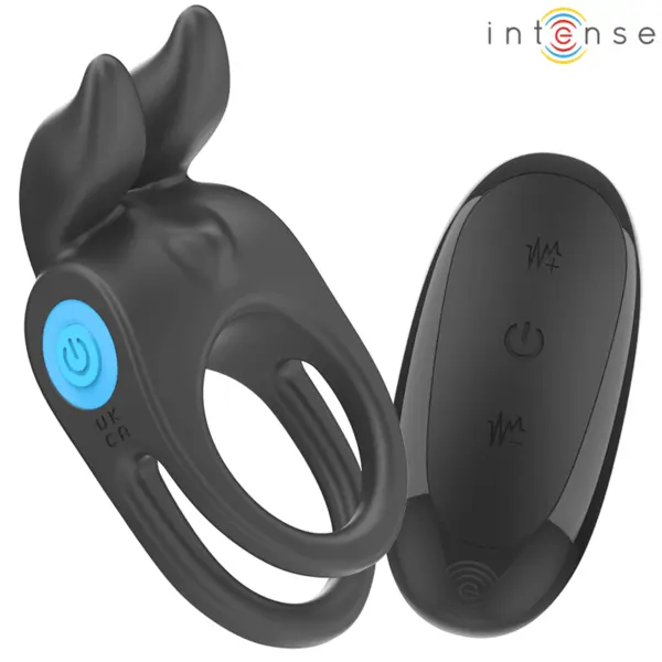 Inel dublu pentru penis cu vibrații INTENSE – Sam, 10 moduri, telecomandă, încărcare USB, silicon medical, negru