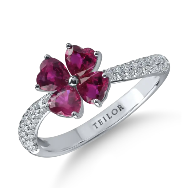 Inel floare din aur alb cu rubine heart si diamante de 1.5ct