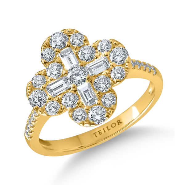 Inel floare din aur galben cu diamante baguette si rotunde de 1.3ct