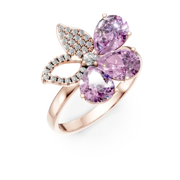 Inel floare din aur roz cu ametiste pear de 3.3ct si diamante de 0.2ct