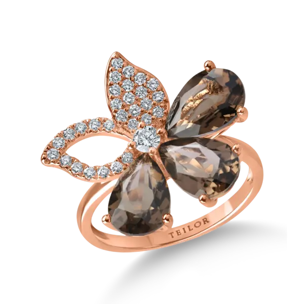 Inel floare din aur roz cu cuart fumuriu pear de 3.3ct si diamante de 0.2ct