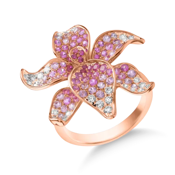 Inel floare din aur roz cu pietre pretioase de 1.63ct