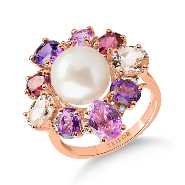 Inel floare din aur roz cu pietre pretioase si semipretioase de 11.7ct