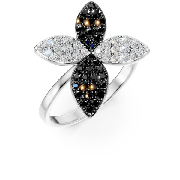 Inel floral din aur alb cu diamante negre si incolore de 0.72ct