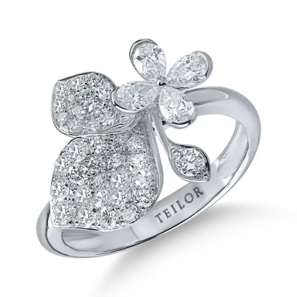Inel floral din aur alb cu diamante pear si rotunde de 0.96ct