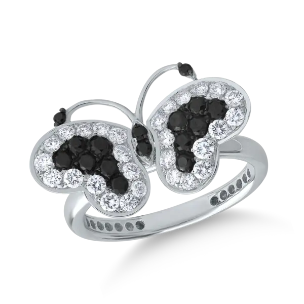 Inel fluture din aur alb cu diamante negre de 0.35ct si diamante transparente de 0.55ct