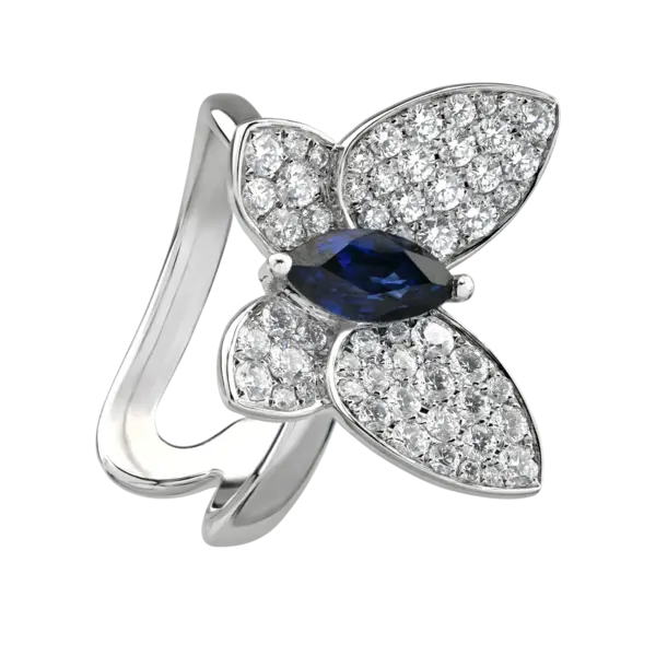 Inel fluture din aur alb cu safir pear de 0.9ct si diamante de 0.8ct