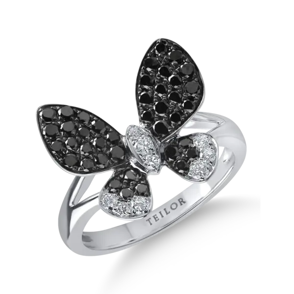 Inel fluture din aur alb-negru cu diamante incolore de 0.16ct si diamante negre de 0.68ct