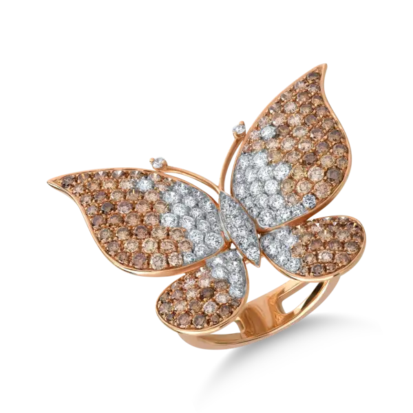 Inel fluture din aur roz cu diamante maro de 2.3ct si diamante transparente de 0.98ct