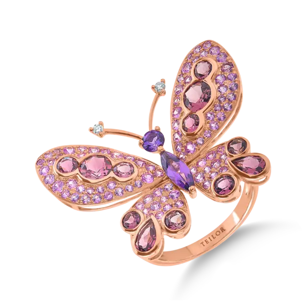 Inel fluture din aur roz cu pietre pretioase si semipretioase de 4.29ct