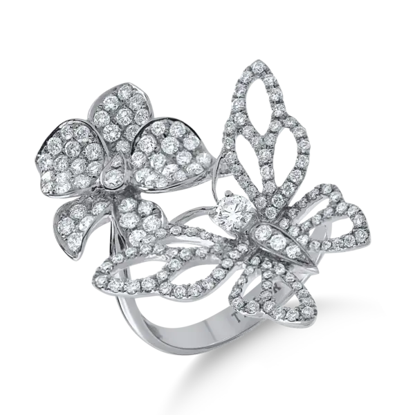 Inel fluture-floare din aur alb cu diamante de 1.4ct