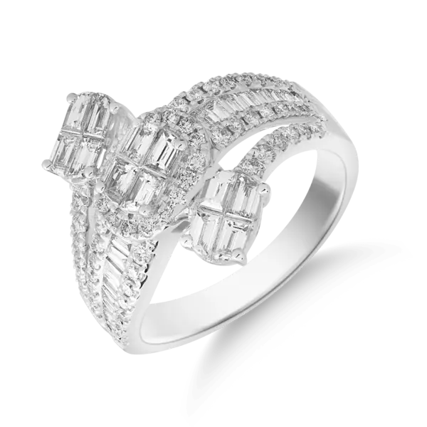 Inel geometric din aur alb cu diamante baguette si rotunde de 1.4ct