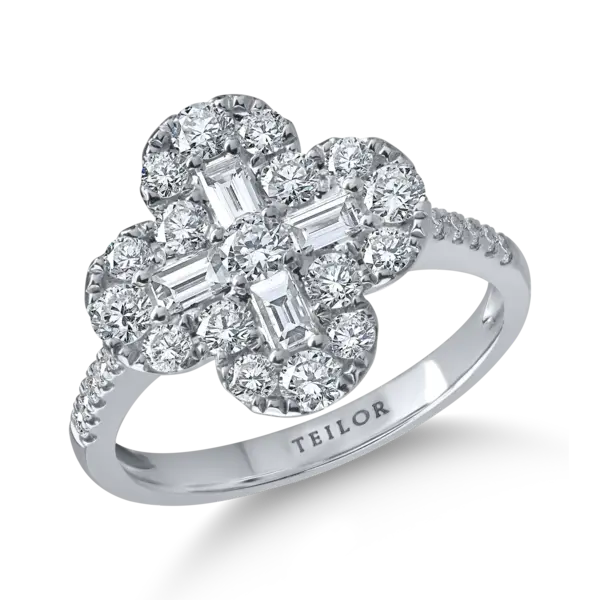 Inel geometric din aur alb cu diamante baguette si rotunde de 1.2ct