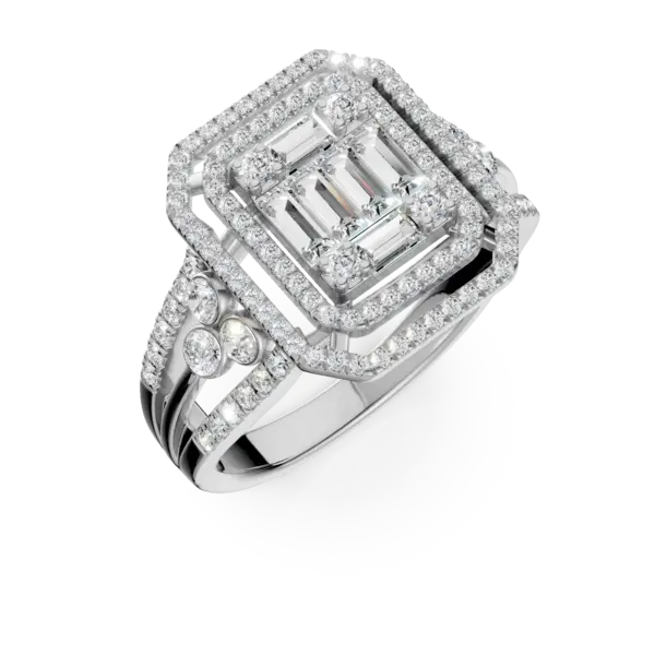 Inel geometric din aur alb cu diamante baguette si rotunde de 0.7ct