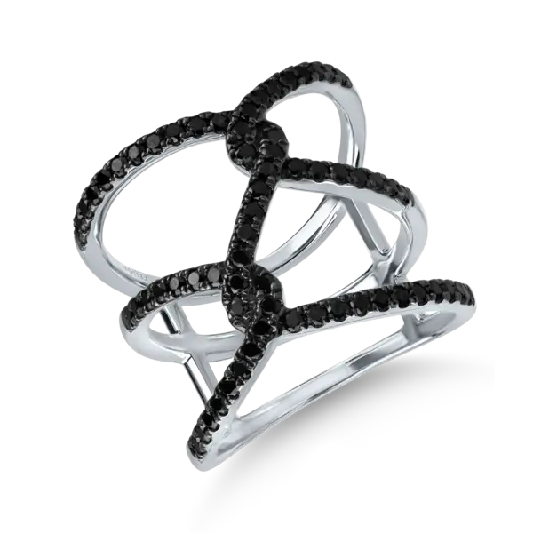 Inel geometric din aur alb cu diamante negre microsetting de 0.7ct