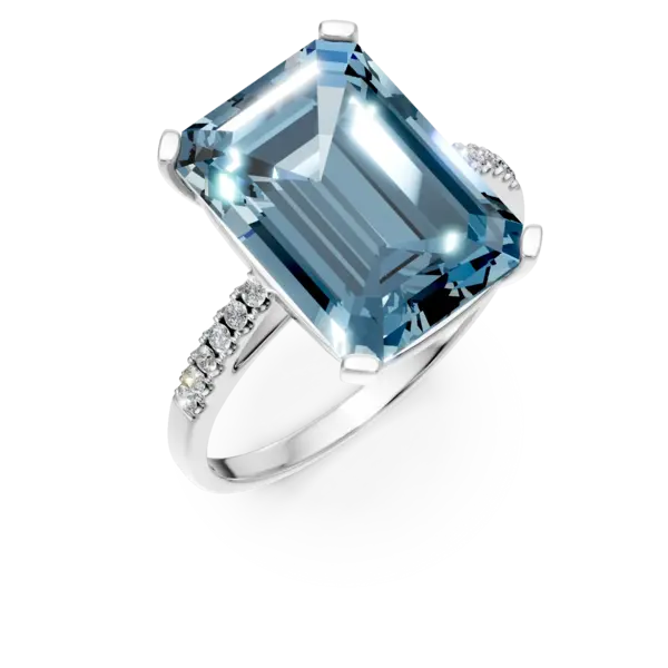 Inel geometric din aur alb cu topaz albastru octogonal de 9.3ct si diamante de 0.1ct