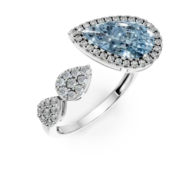 Inel geometric din aur alb cu topaz albastru pear de 2.4ct si diamante de 0.3ct