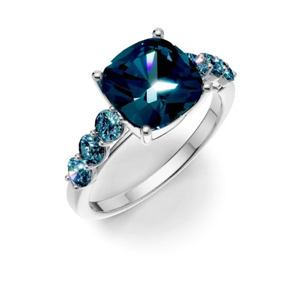 Inel geometric din aur alb cu topaze London blue cushion si rotunde de 4ct