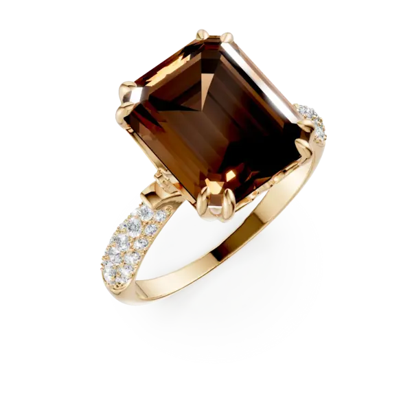 Inel geometric din aur galben cu cuart fumuriu octogonal de 5.6ct si diamante de 0.3ct