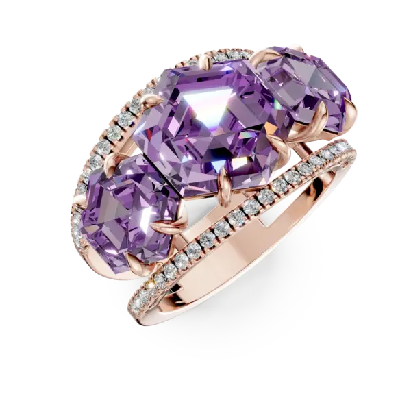 Inel geometric din aur roz cu ametiste hexagonale de 4.4ct si diamante de 0.3ct