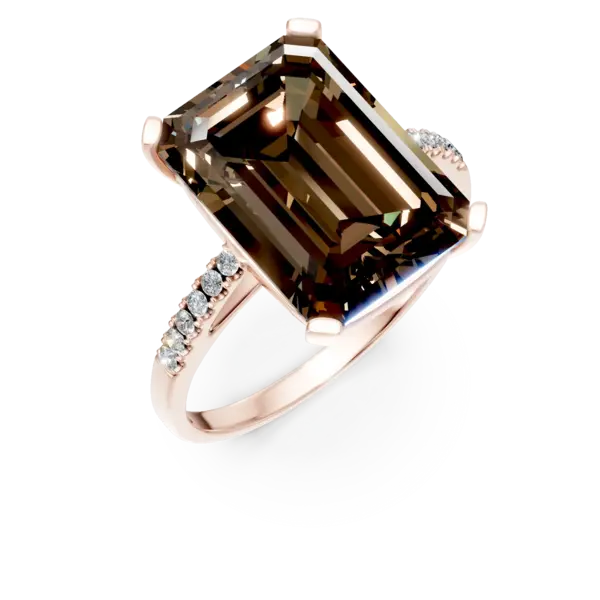 Inel geometric din aur roz cu cuart fumuriu octogonal de 7.3ct si diamante de 0.1ct