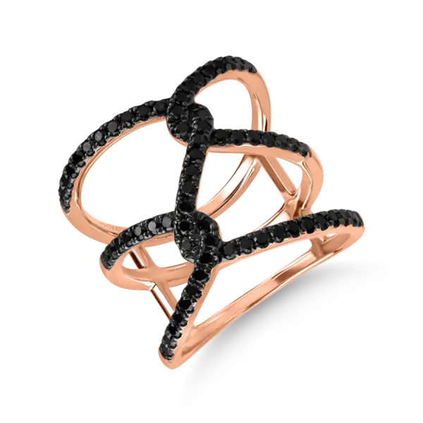 Inel geometric din aur roz cu diamante negre microsetting de 0.7ct