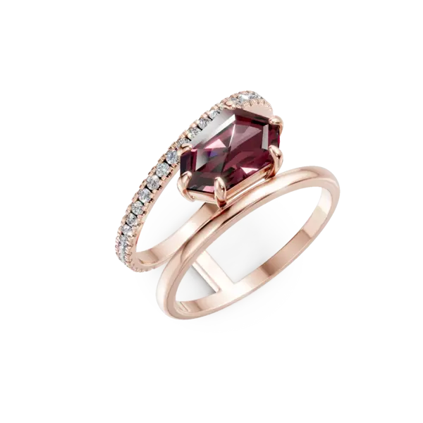 Inel geometric din aur roz cu granat de 2.4ct si diamante de 0.3ct