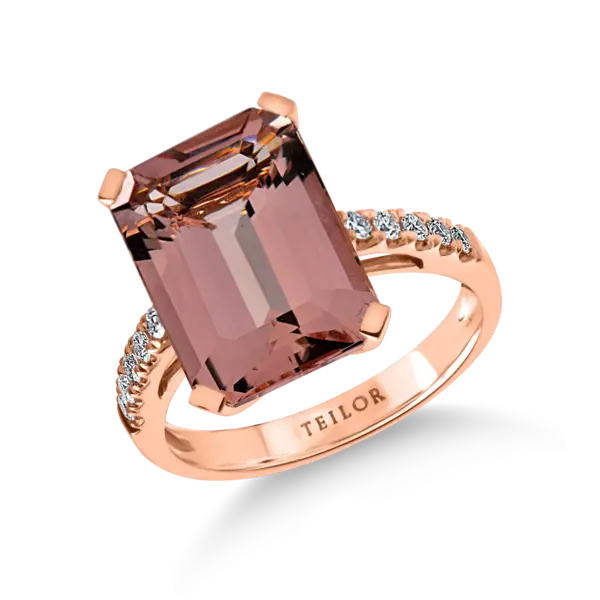 Inel geometric din aur roz cu morganit octogonal de 6.4ct si diamante de 0.2ct