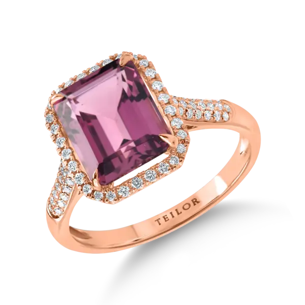 Inel geometric din aur roz cu turmalina roz octogonala de 3.1ct si diamante de 0.2ct