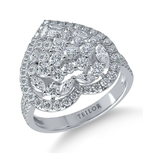 Inel inima din aur alb cu diamante princess, marquise si rotunde de 1.6ct