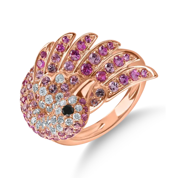 Inel lebada din aur roz cu diamante negre si incolore de 0.3ct si safire roz de 1.2ct