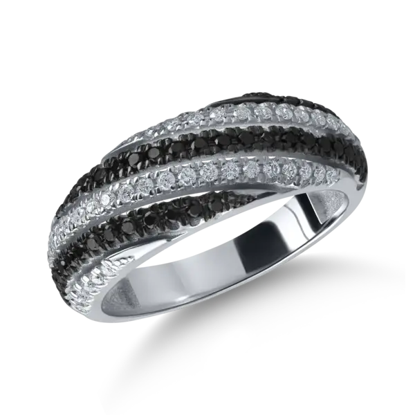 Inel microsetting din aur alb cu diamante incolore de 0.3ct si diamante negre de 0.3ct
