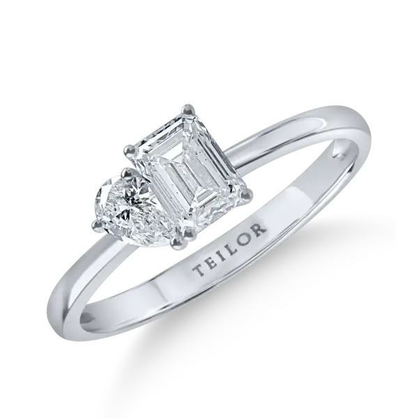 Inel minimalist din aur alb cu diamante emerald si pear de 0.92ct