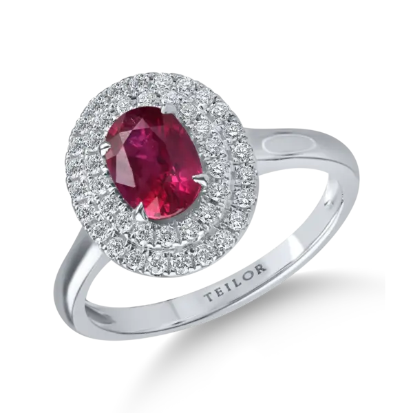 Inel oval din aur alb cu un rubin oval de 1ct si diamante de 0.2ct