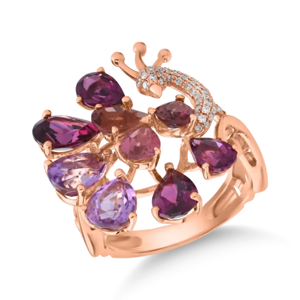 Inel paun din aur roz cu pietre pretioase si semipretioase de 5.78ct