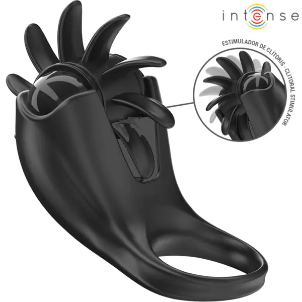 Inel pentru penis cu vibrații INTENSE – Mabel cu stimulator clitoridian, 10 moduri, încărcare USB, silicon medical, negru