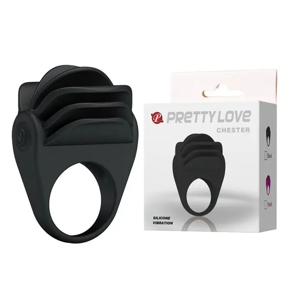 Inel pentru penis cu vibrații Pretty Love - Chester, silicon premium, dublă stimulare, negru