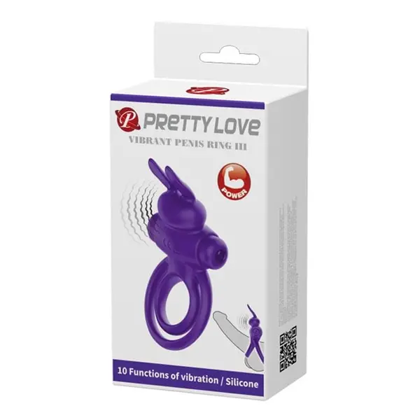 Inel pentru penis cu vibrații Pretty Love - Vibrant Penis Ring III, 10 funcții de vibrație, silicon moale, violet