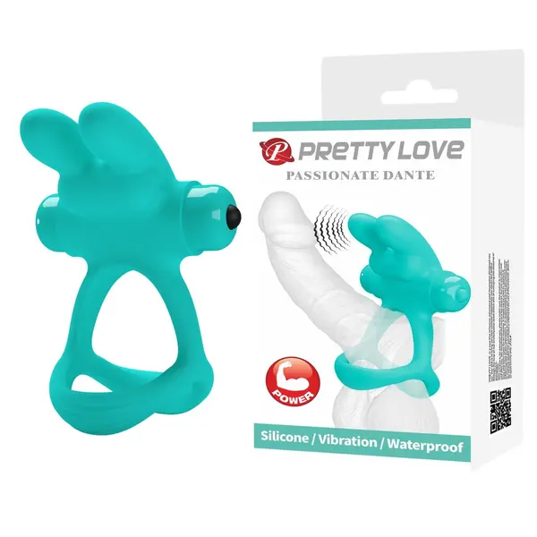 Inel pentru penis Pretty Love - Passionate Dante, cu 10 funcții de vibrație, tip iepuraș, din silicon moale, albastru