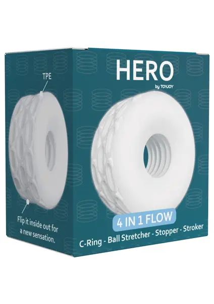Inel pentru penis ToyJoy - HERO 4-în-1 Flow, design flexibil pentru stimulare intensă, alb