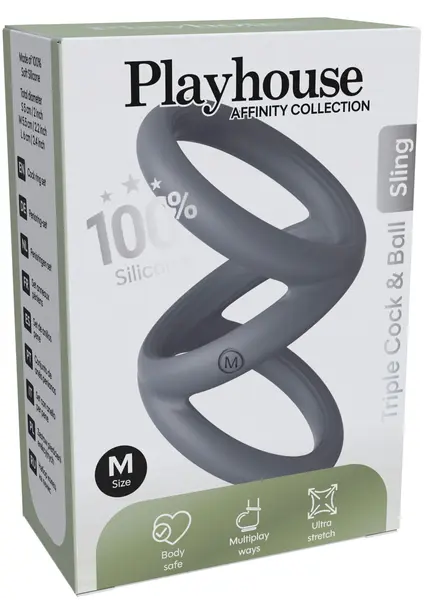 Inel pentru penis triplu Playhouse Affinity - Triple cock & Ball Sling, 100% silicon, ultraflexibil, M, gri